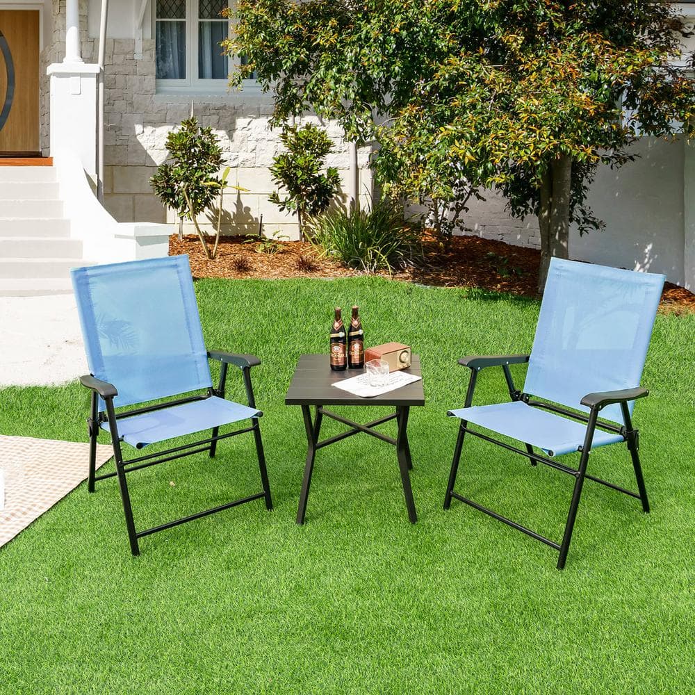 Blue Metal Frame Folding Outdoor Dining Chairs, Set of 2