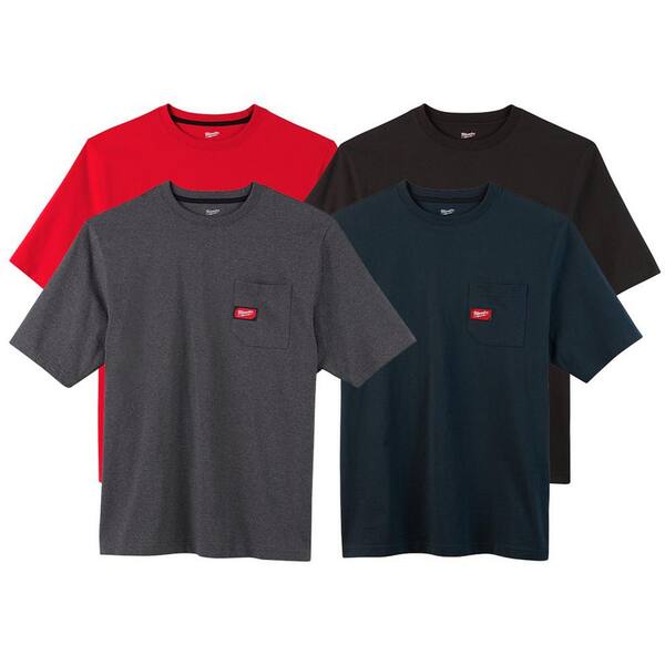 Milwaukee Men's Large Multi-Color Heavy-Duty Cotton/Polyester Short-Sleeve Pocket T-Shirt (4-Pack)