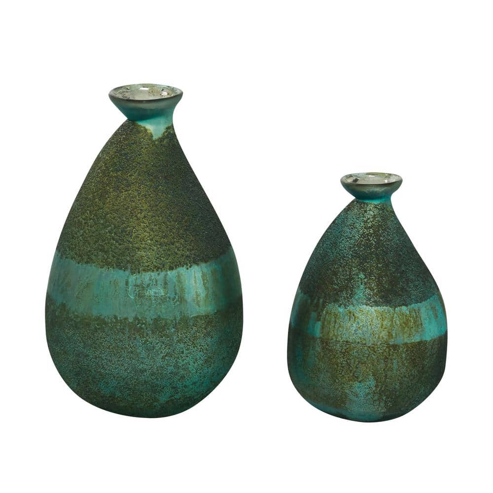 Elegant Green Blown Glass Bouquet Vases 7.3" x 12.25" - Set of 2