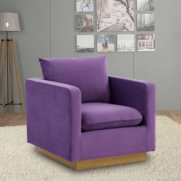 Leisuremod Nervo Modern Gold Frame Purple Velvet Upholstered Accent Arm Chair With Removable cushions
