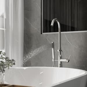1-Handle Freestanding Floor Mount Roman Tub Faucet Bathtub Filler with Hand Shower in Brushed Nickel