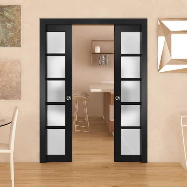 Assemble Required 84 in. x 96 in. 5-Panel Black Finished Wood Solid MDF Sliding Door with Pocket Hardware