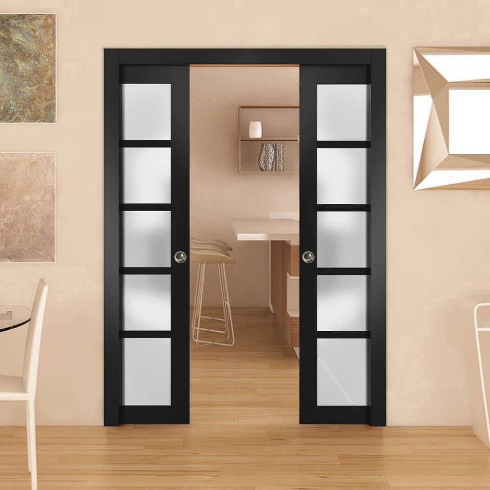 Matte Black 64" x 80" Frosted Glass 5-Panel Pocket Doors