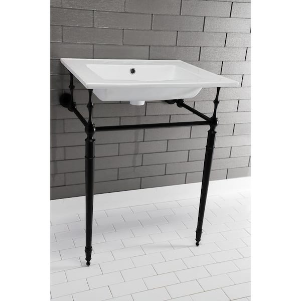 Edwardian Ceramic White Console Sink Basin and Leg Combo in Matte Black