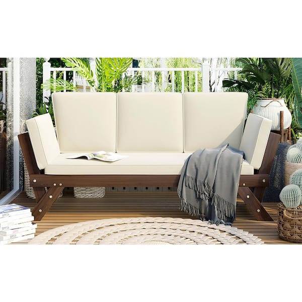 Unbranded Topmax Wood Outdoor Adjustable Patio Wooden Daybed Sofa Chaise Lounge with Beige Cushions