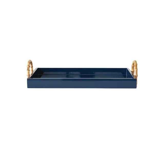 21.5 in. W x 4.6 in. H x 14.5 in. D Rectangle Navy Blue & Gold Finish Wide Wood Serving Tray with Bamboo Handles