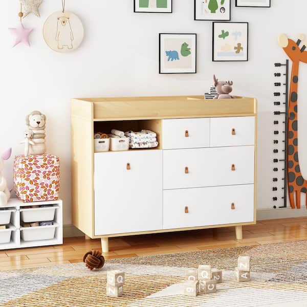 FUFU&GAGA Natral Wood and White Diaper Changing Table with 5