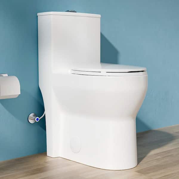 1-Piece Toilet 19 in. Tall Toilet 1.0/1.28 GPF Dual Flush Round Toilet in White with Soft Close Seat Included ADA Toilet