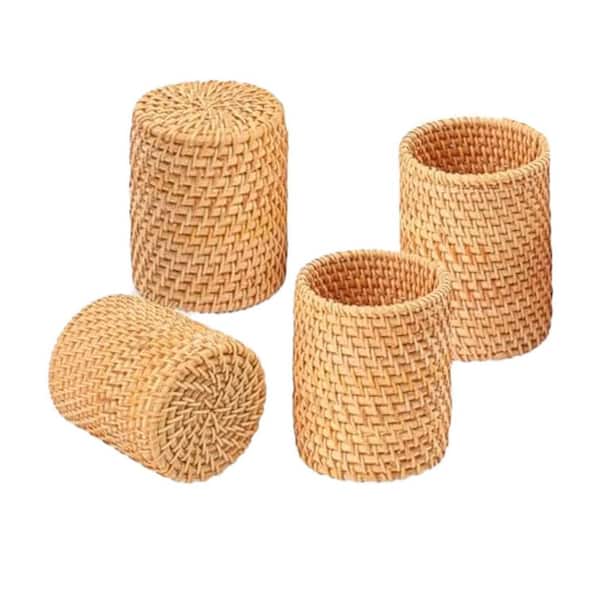 4-Pack Rattan Pen Cup Organizer Natural Woven Pencil Holder Multi-Functional Office Home Desktop Supply