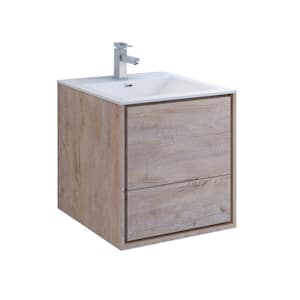 Catania 24 in. Modern Wall Hung Bath Vanity in Rustic Natural Wood with Vanity Top in White with White Basin