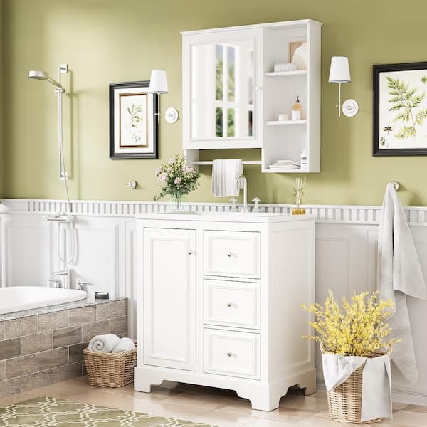 Staykiwi 30 in. W x 18.5 in. D x 33.7 in. H Single Sink Freestanding Bath Vanity in White with White Ceramic Top and Mirror