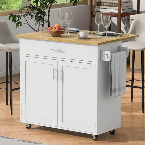 tunuo White Wood 39 in. Kitchen Island with Large divided Drawer, Internal Storage Racks Adjustable Shelf Tower Rack Drop Leaf