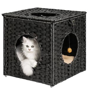 Small Black Rattan Cat Litter Cat Bed with Rattan Ball and Cushion