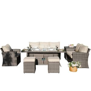 ELLE 7-Piece Wicker Patio Fire Pit Conversation Sofa Set with Beige Cushions