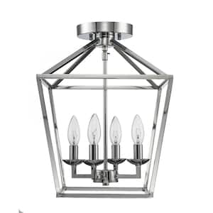 Weyburn 16.5 in. 4-Light Polished Chrome Farmhouse Semi-Flush Mount Ceiling Light Fixture with Caged Metal Shade