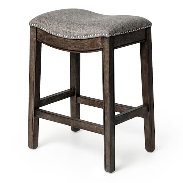 MAVEN LANE Adrien 26 in. Walnut Backless Wooden Counter Stool with Premium Grey Fabric Upholstered Seat
