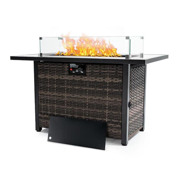 Rectangular Wicker Outdoor Fire Pit Table with Lid and Glass Wind Guard, 50,000 BTU Propane Gas Patio Heater, 44 in.