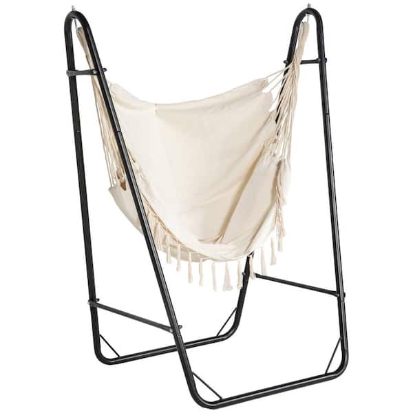 Unbranded 4.3 ft. Patio Hammock Chair with U Shape Stand, Outdoor Hanging Lounge Chair with Side Pocket in Black and Cream White