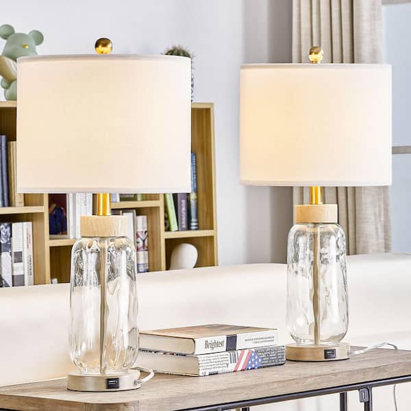Concord 23.5 in. Beige Resin Table Lamp Clear Glass Base with White Linen Lampshade. （2-Pack）
