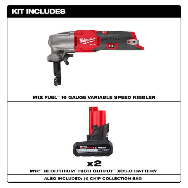 M12 FUEL 12-Volt Lithium-Ion Brushless Cordless 16-Gauge Variable Speed Nibbler w/ M12 High Output 5 Ah Battery (2-Pack)