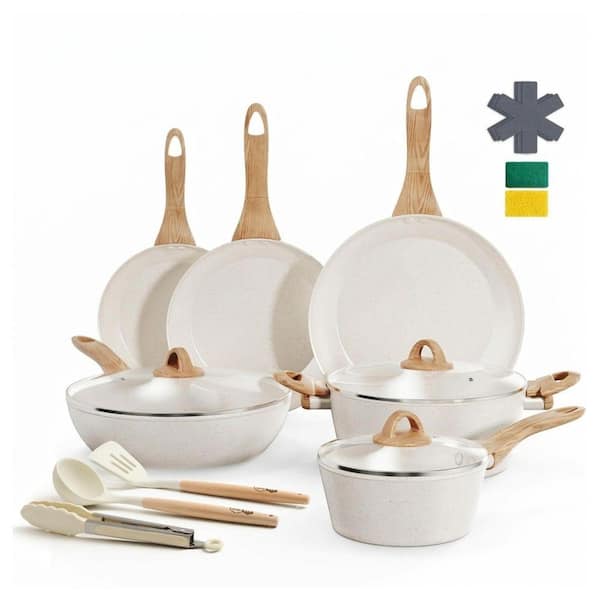 16 Piece White Aluminum Non Stick Cookware Set with Frying Pans Saucepans Saute Pan Casserole Induction