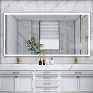 84 in. W x 42 in. H Rectangular Framed LED Light with Anti-Fog Wall and plug Bathroom Vanity Mirror in Matte Black