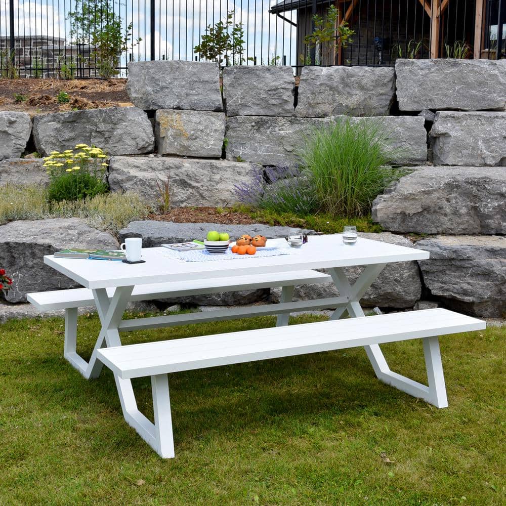 White Aluminum Modern 8-Seat Picnic Table with Attached Benches