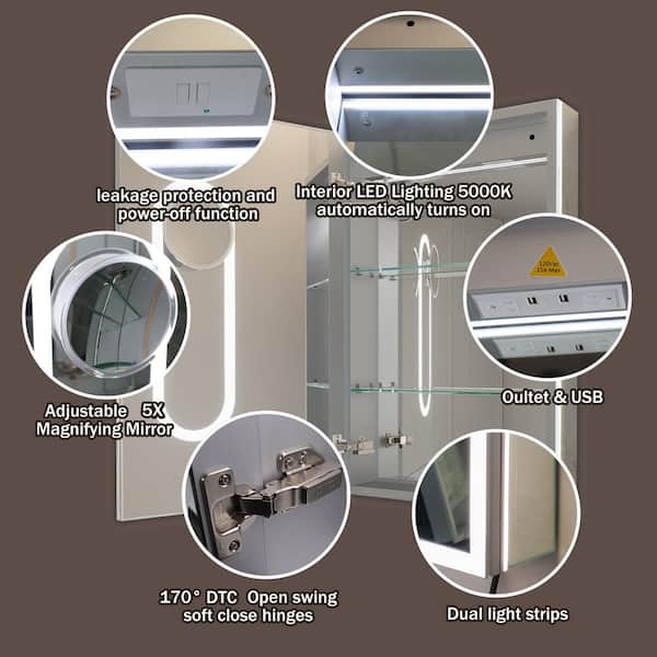 AuraX 20 in. W x 32 in. H Rectangular Recessed/Surface Mount Left Medicine Cabinet with Mirror, Backlit and Front LED