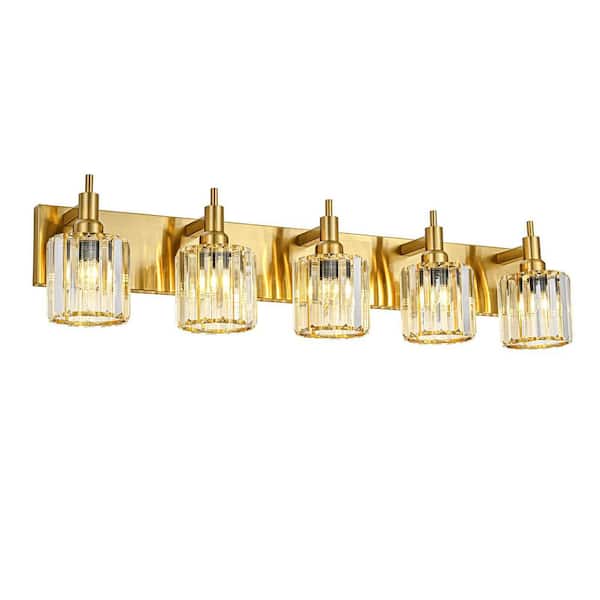 Orillia 35.4 in. 5-Light Modern Gold Bathroom Vanity Light with Round Crystal Shades