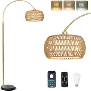 63 in. Gold Boho Dimmable 1-Light Arc Floor Lamp with Rattan and Fabric Drum Shade, Remote, APP, Foot Switch