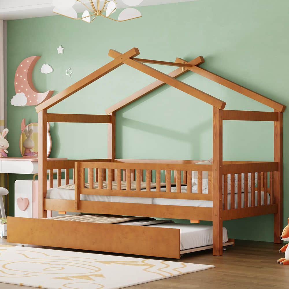Walnut Twin Size Wood House-Shaped Bed with Full-Length Guardrail and Trundle