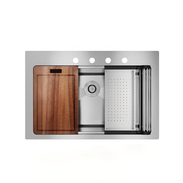33 in. Drop-In Single Bowl 18-Gauge Brushed Stainless Steel Workstation Kitchen Sink with 4-Faucet Holes, Accessories