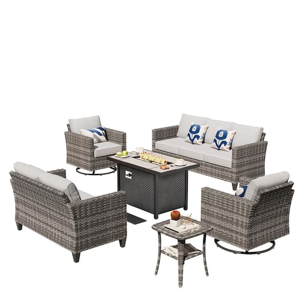 Jupiter 6-Piece Wicker Outdoor Patio Fire Pit Seating Sofa Set and with Gray Cushions and Swivel Rocking