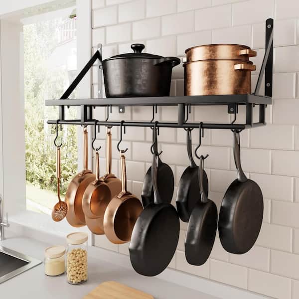 24 in. Wall Mounted Metal Hanging Kitchen Pan Pot Rack Organizer With Hooks for Kitchen Cookware Utensils Storage, Black
