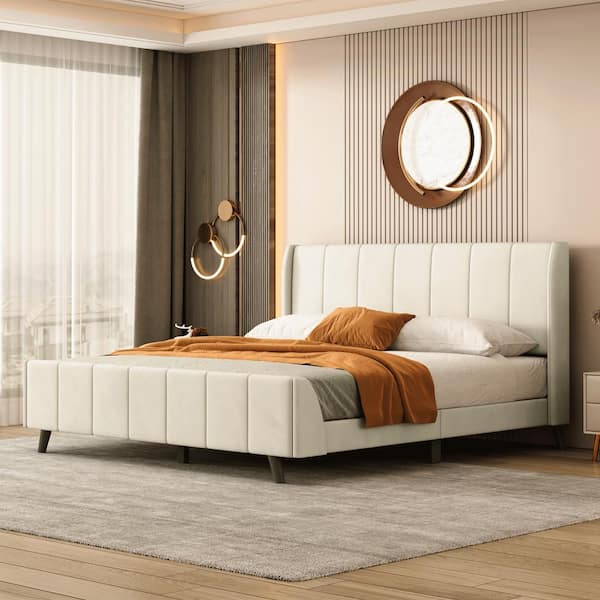 ATHMILE Beige Wood Frame Queen Velvet Upholstered Platform Bed with Drawer