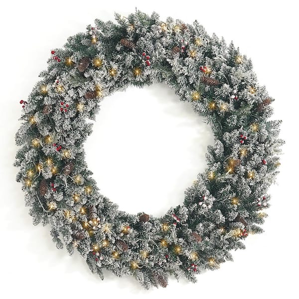 48 in. Green Pre-Lit LED Frosted Pine Artificial Christmas Wreath with Berries