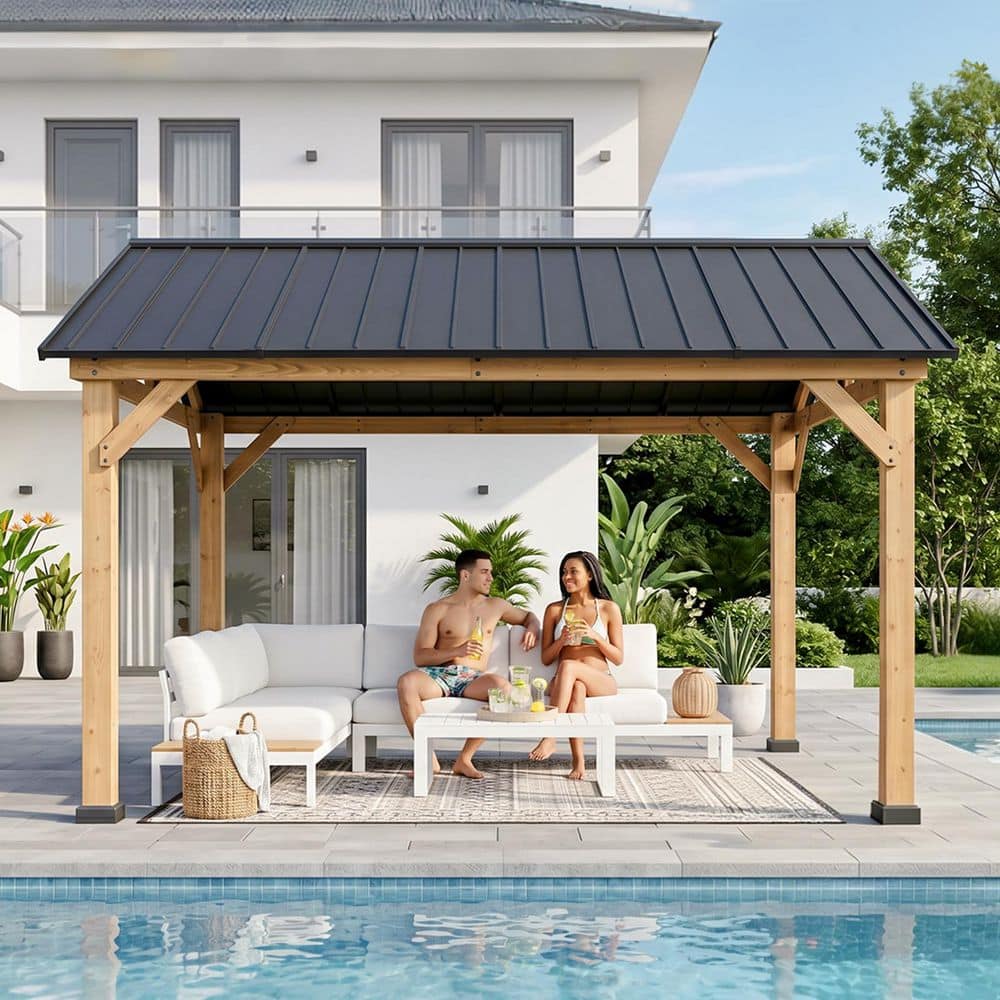 COOS BAY 13 ft. x 11 ft. Cedar Wooden Frame Outdoor Patio Gazebo