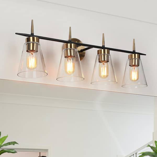 Uolfin Modern Electroplated Brass and Black Bathroom Vanity Light, 29 in. Industrial Gold Light with Bell Seeded Glass Shade