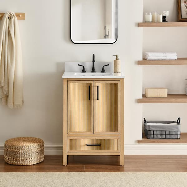 Lawford 24 in. Single Sink Freestanding Fluted Baltic Birch Bath Vanity with Carrara White Engineer Stone Top