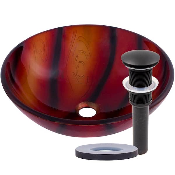 Novatto Autunno Glass Vessel Sink in Hand Painted Red with Pop-Up Drain in Oil Rubbed Bronze