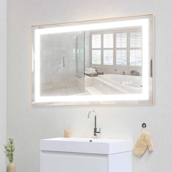 Andrea 36 in. W x 24 in. H Large Rectangular Metal Framed Dimmable Antifog Wall Mount LED Bathroom Vanity Mirror in Gold