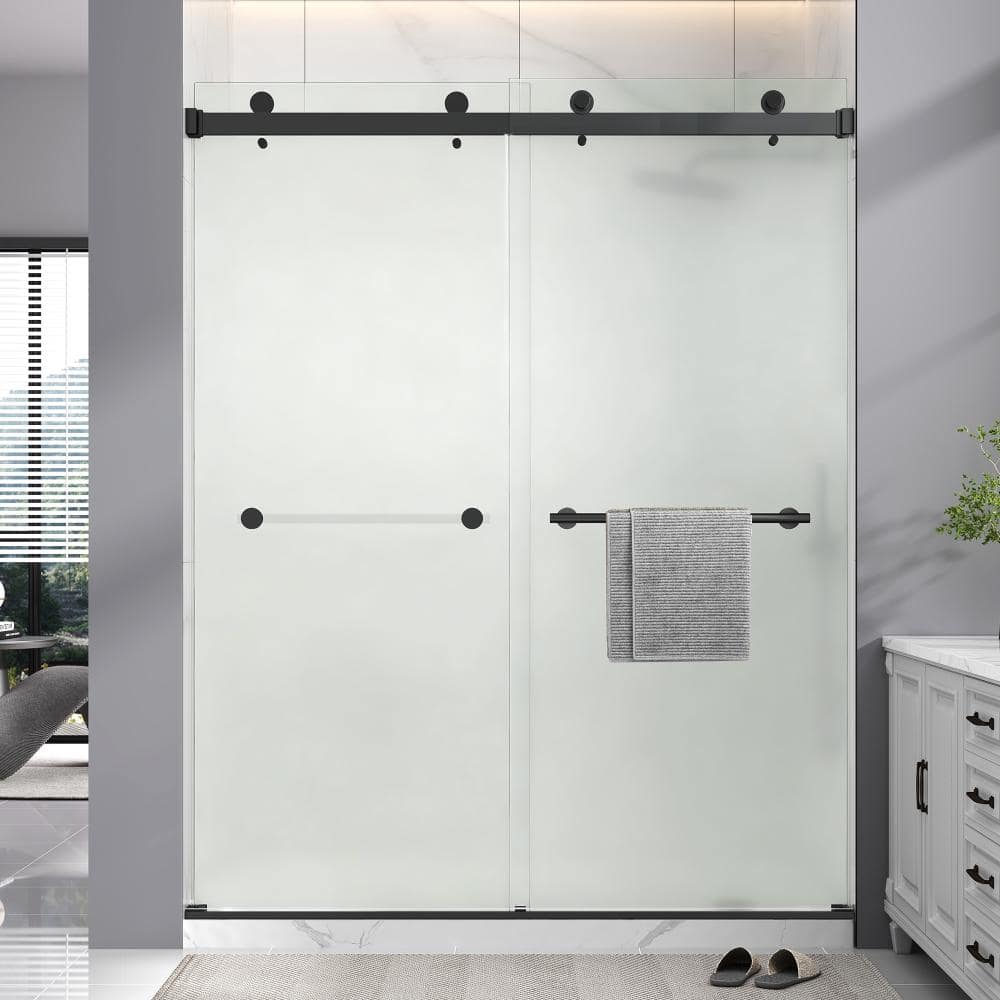 "55-60 in. W x 72 in. H Double Sliding Frameless Shower Door in Matte Black with 1/4"" Frosted Tempered Glass" price history on PriceWatchPro