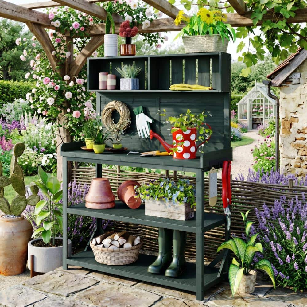 Green Large Wooden Garden Potting Benches and Tables with 4 Storage Shelves price history on PriceWatchPro