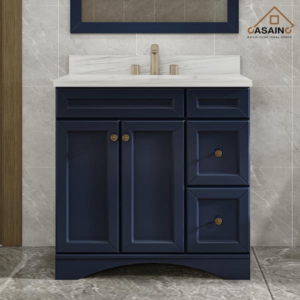 CASAINC 36 in. W x 22 in. D x 35.4 in. H Single Sink Bath Vanity in Navy Blue with White Marble Top and Basin [Free Faucet]