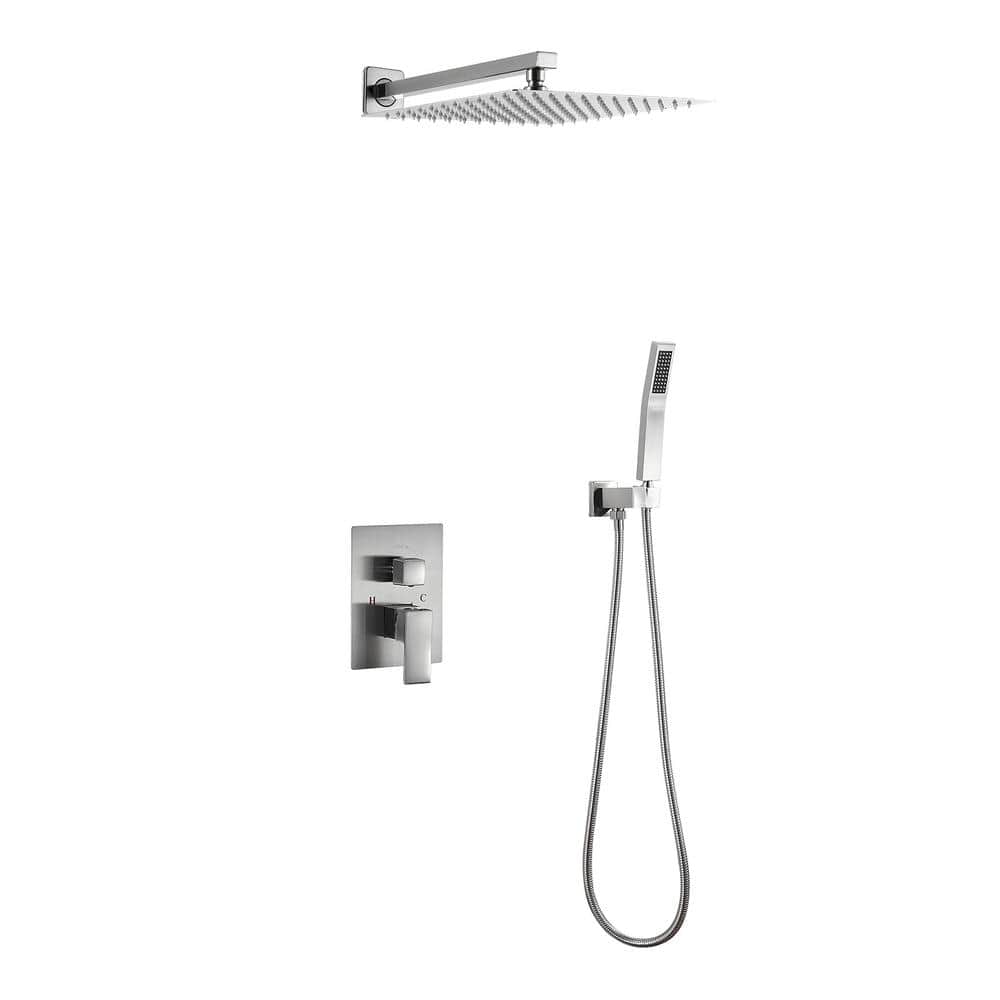 Fapully Rain Single Handle 1Spray Square 12 in Shower Faucet 1.8 GPM with Drip Free in Brushed