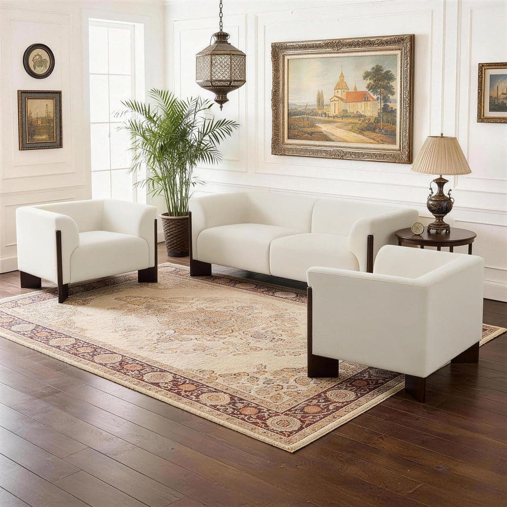 Luxury Couch Set 3-Piece Beige Chenille 2-Seater Sofa and 2 Armchairs Living Room Set