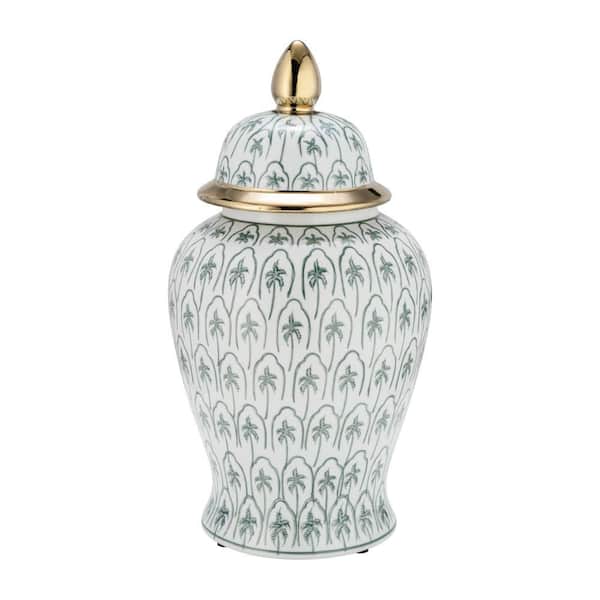 18 in. Green/Gold Ceramic Palm Trees Temple Jar