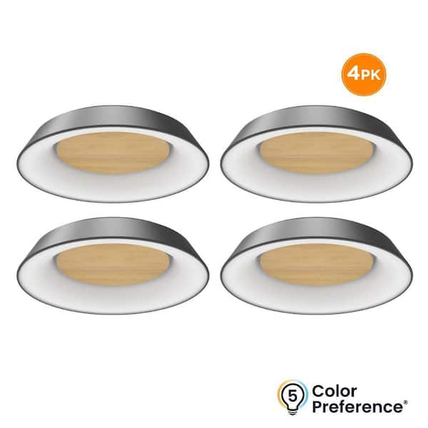4-Pack KOA 14 in. Tapered LED Flush Mount with Night Light, 1400LM, 21W, Selectable 3000K 4000K 5000K, Matte Black/Oak