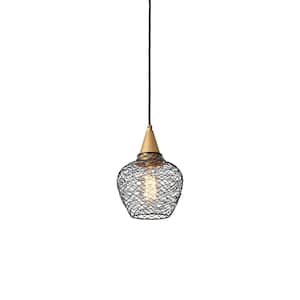 Adonia 7 in. Dia 1-Light Black and Brushed Brass Finish Woven Wire Cage Pendant Chandelier