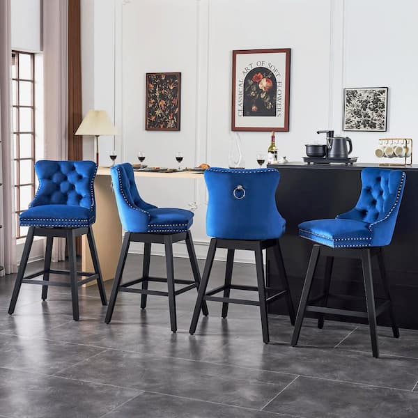 30 in. Blue Velvet Upholstered Solid Wood Frame Bar Height Swivel Bar Stool (Set of 4)